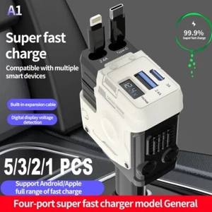 4 IN 1 Retractable Car Charger Cable Dual Port USB C 12V Car Cigarette LighterUS - Picture 1 of 36