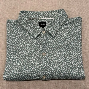 HUGO BOSS Men’s Sharp Fit Short Sleeve Shirt XL Green Floral Polyamide Stretch - Picture 1 of 9