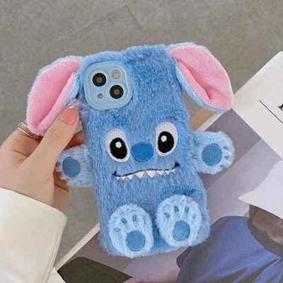 For iPhone Samsung Huawei Case Warm Fluffy Plush 3D Cartoon Stitch Phone Cover - Image 1 of 4