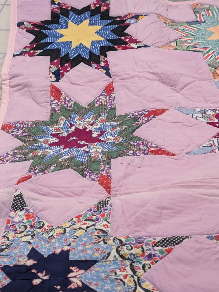 Vintage handmade quilt blue floral star cotton primitive As Is - Image 1 of 4