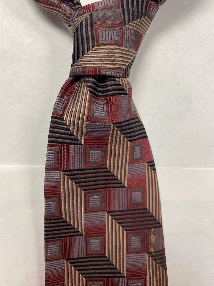 Screenplay By Martin Wong Silk Necktie Black Red Gold Geometric Handmade 60x3.75 - Image 1 of 4
