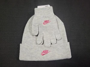 NIKE Girls Youth 7/16 2 Piece Fold over Futura Beanie Hat Gloves Set Gray - Picture 1 of 9