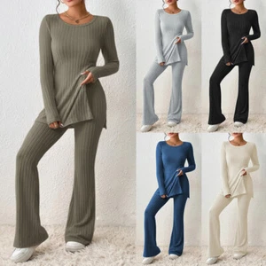 Women's Solid Lounge Wear Long Sleeve Casual Loose Holiday Tracksuit Tops Pants - Picture 1 of 17