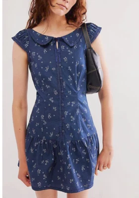 NUEVO MINI VESTIDO FREE PEOPLE AZUL BEASLEY CINTURA CAÍDA TALLA L Foto 1 de 4