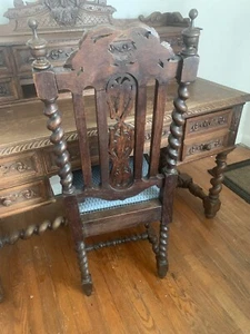 Antique French Carved Oak Desk Barley Twist Louis XIII 19th Century AND Chair - Picture 1 of 11