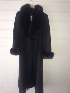 MARVIN RICHARDS Black Fox Fur Coat Lambswool Full Length Overcoat Womens Small 8