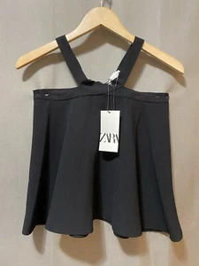NWT ZARA Women Sleeveless Halter Neck Back Zip Crepe Flare Tank Top Size M Black - Picture 1 of 11