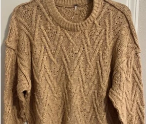 Free People Isla Cable Chunky Knit Tunic Oversized Sweater Camel Sz S - Picture 1 of 11