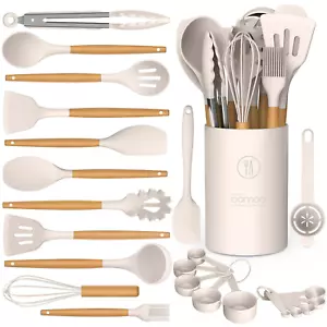 Silicone Cooking Utensils Set - Silicone Kitchen Utensils for Cooking Wooden Han - Picture 1 of 1