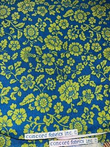 VINTAGE CONCORD CURTAIN UPHOLSTERY FABRIC~LIME GREEN FLORAL ON BLUE 62"X 60"