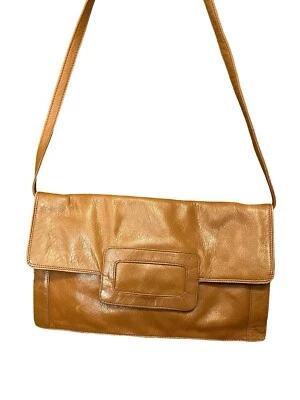 VTG 60S 70S TAN BROWN GEOMETRIC MOD RECTANGULAR LEATHER BAGUETTE BAG - Image 1 of 4