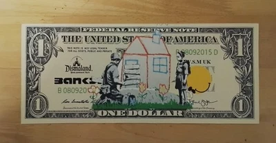 Billete de lienzo moneda lúgubre obra de arte Dismaland Banksy Glastonbury Peckham rock  Foto 1 de 2