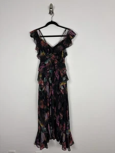 Nwt All Saints Fali Ahiahi Maxi Dress Size 0 Pink Black Floral Open Back Frill - Picture 1 of 14