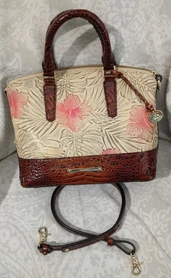 Brahmin Duxbury Satchel Pecan Amira Crossbody Pink Hibiscus Floral Leather VGC - Image 1 of 4