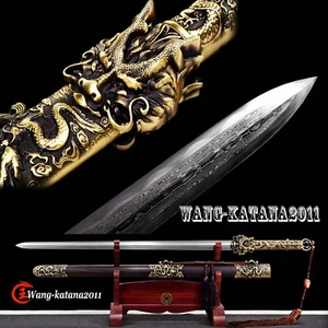 Espada china de acero plegada hecha a mano de acero plegada de 42''Han dinastía Jian + latón Damasco - Imagen 1 de 12