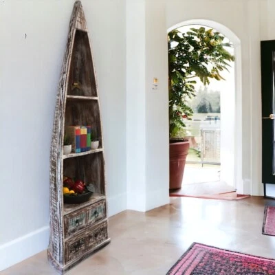 Librería artesanal de canoa de madera recuperada encalada con dos cajones Foto 1 de 4