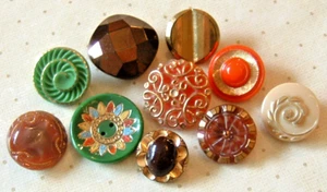 11 Fancy Vintage Glass Buttons Brown Moonglows, Unique Sew-Thru, Copper Luster - Picture 1 of 4