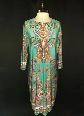 TIANA B. Size L Shift Dress Turquoise Purple Orange Paisley Stretch Long Sleeve - Image 1 of 4