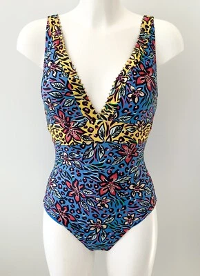 F&F Blue Yellow Floral Bead Trim Swimsuit UK 14 - Image 1 of 3
