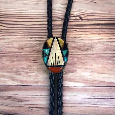 Corbata Zuni Southwestern Bolo trenzada cordón de cuero negro con puntas plateadas Foto 1 de 4