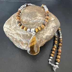 Coffee Brown Tigers Eye Sterling Silver Pendant Necklace Southwestern 15863 - Picture 1 of 12