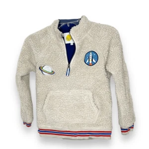 Mini Boden Ivory Space Race Embroidered Sherpa Half Zip Pullover Jacket 9-10 Yrs - Picture 1 of 10