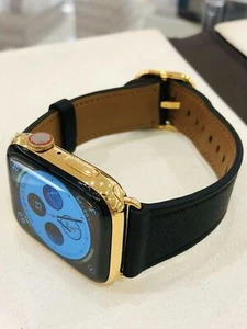 24K Gold Plated 44MM Apple Watch  SERIES 6 Stainless Steel Black Leather GPS LTE - Picture 1 of 5