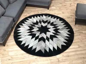 Black & Silver Round Rug Cowhide Patchwork Rug, Living room, bedroom, Lounge - Picture 1 of 3