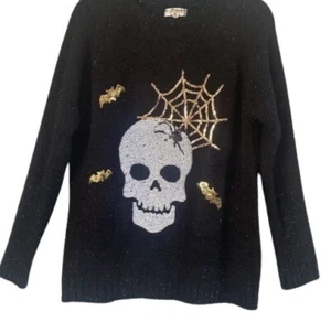 Poof Halloween Womens Fuzzy Pullover Sweater Black Sequined Skull Spider Bat S - Picture 1 of 2