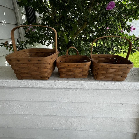 3 Longaberger Vintage Baskets 2 Berry 1 Hanging Basket Darker Woven Shades Cover