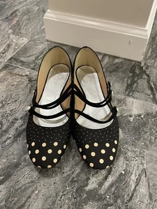 J Crew Womens Polka Dot Fabric Leather Flat Mary Jane Shoes Black Cream Size 7B - Picture 1 of 6
