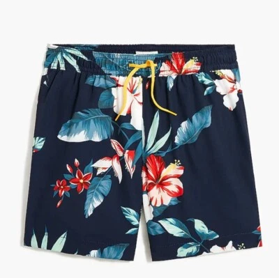 J. Crew Crewcuts Boys Swim Trunks Navy Blue Botanical Leaf And Flowers 3 - Image 1 of 4