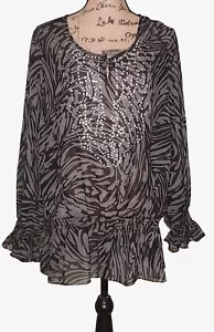 Fashion Bug Grey & Black Stripe Semi-Sheer Embellished Blouse - Women's Size 1X - Picture 1 of 3