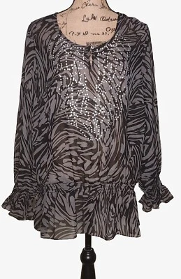 Blusa adornada semi transparente a rayas gris y negra de moda Bug - para mujer talla 1X Foto 1 de 3