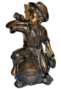 Boy with Horn on Barrel Cast Bronze Sculpture 17" Tall M3627 - Picture 1 of 5