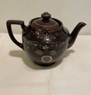 Antique Japanese Teapot Brown with Moirage Flowers Gold Rim Beautiful Condition