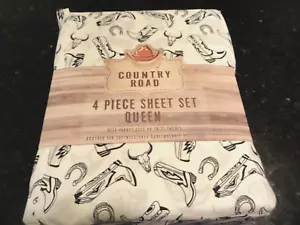 new White Black etching 4 pc QUEEN Sheet set Country western Boots Easy Care - Picture 1 of 3