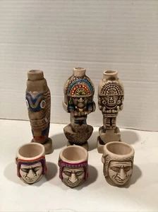Rare Peruvian Ceramic Tumi & Chavin Lanzon Decanters With Shot Glasses Lot Of 6 - Picture 1 of 7