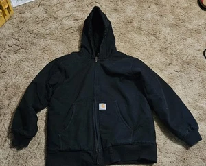 Carhartt Youth Quilted Lining Jacket Boys L 14-16 Black Canvas Hooded RN13706 - Picture 1 of 7