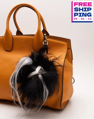 RRP €595 FENDI ROMA Goat & Silver Fox Fur Monster Charm Keyring Contrast Leather - Image 1 of 4