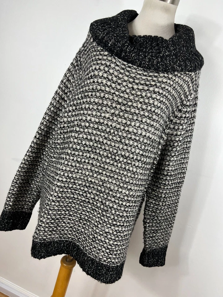 Suéter Coldwater Creek 1X preto branco gola capuz longo lã acrílica feminino J3 - Imagem 1 de 4