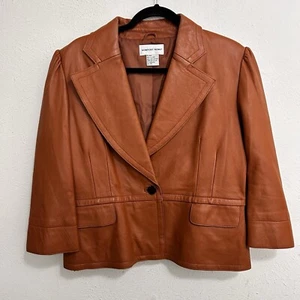 Newport News Leather Blazer Jacket Caramel Brown 3/4 Wide Flare Sleeves Boxy 14 - Picture 1 of 13