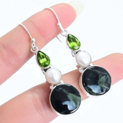 Galaxy Jaspis, Perle, Peridot Edelstein Silber Schmuck Ohrring 2.1 " ERJ17176 - Bild 1 von 3