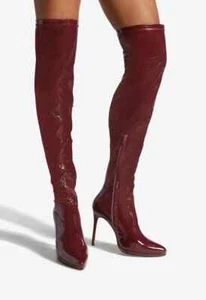 Women Brown Pointy Toe Knee High Boots Stiletto Heel Faux Patent Leather Size 8 - Picture 1 of 6