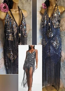 New Asos Strappy silver Black beaded tassel 20s Evening Party Dress Gatsby 10 - Picture 1 of 22