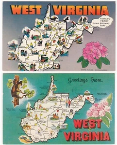 c1960s Greetings From West Virginia ~ 2 Vintage WV State Map Used Postcards - Picture 1 of 5
