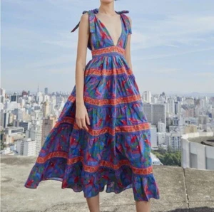 Farm Rio blau Aras Flight Midi Kleid Größe Large NEU Neu mit Etikett Blumenmuster Krawatte - Bild 1 von 12