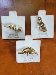 3 gold tone dinosaur lapel pin tie tack Tyrannosaurus Rex Stegosaurus Triceratop