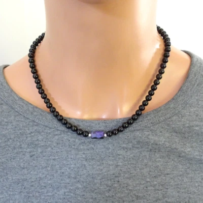 Charoite and Onyx Beaded Mens or Womens Necklace, Naturl Gemstone Unisex jewelry - Image 1 of 4