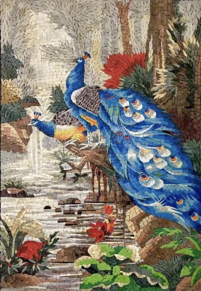 Arte de pared de mosaico de pavo real hecho a mano azulejo de mosaico de mármol Foto 1 de 1